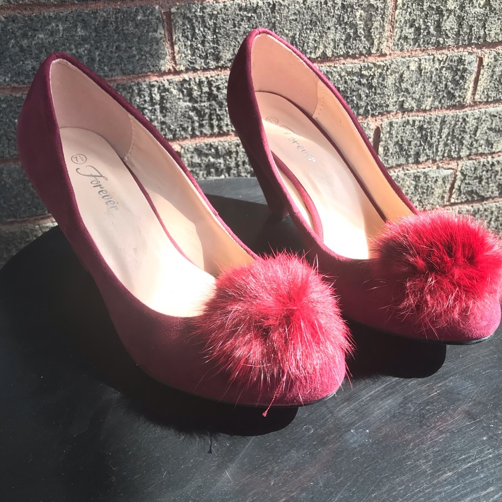 New maroon heels with fuzzy ball detail